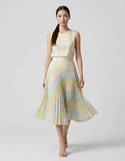 Kadın Çizgili Piliseli Midi Etek Jersey – Renkli Desenli Yazlık Kadın Etek