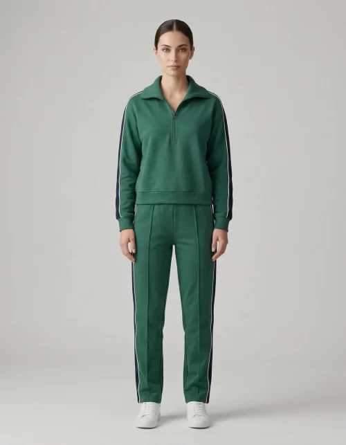 Kadın Yeşil Eşofman Üstü Fermuarlı Sweatshirt Şerit Detaylı %100 Polyester Interlok Spor Takım Üstü